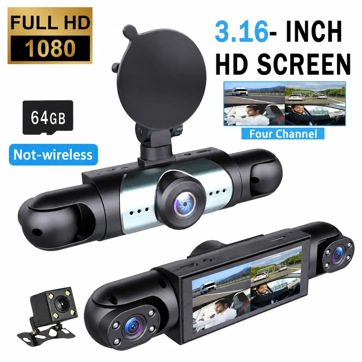 4 Channel  Car Dash Cam ,1080P Front+720P Rear Left Right Dashcam， with